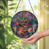 Masquerade Stained Glass Suncatcher, Round Books Roses Candles Window Panel, Gothic Fantasy Glass Art Reading Lover Home Decor Gift